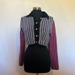 Pink and Purple Houndstooth Cropped Cardigan